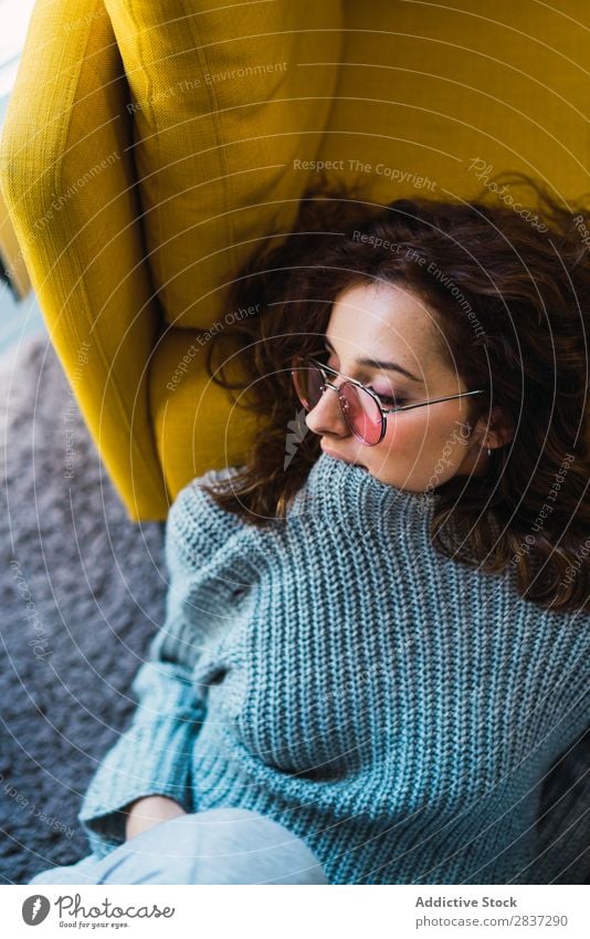 Woman sitting and relaxing on floor Home pretty Armchair Sit Relaxation Youth (Young adults) Posture Portrait photograph Beautiful Lifestyle Beauty Photography