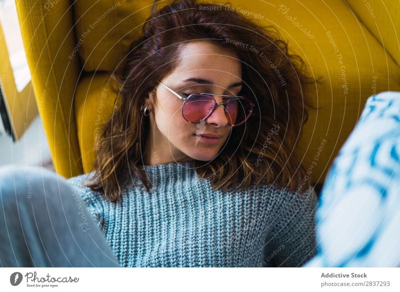 Woman sitting and relaxing on floor Home pretty Armchair Sit Relaxation Youth (Young adults) Posture Portrait photograph Beautiful Lifestyle Beauty Photography