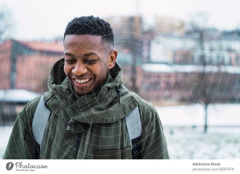 Tourist man in snowy city Man City Style Street Youth (Young adults) Town Lifestyle Easygoing Hipster Fashion Adults Athletic Winter Snow handsome Modern