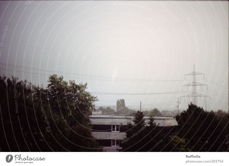 grey day Sky Bad weather Plant Tree Bushes Town House (Residential Structure) Window Gloomy Gray Prefab construction Flat roof Electricity pylon Consistent Calm