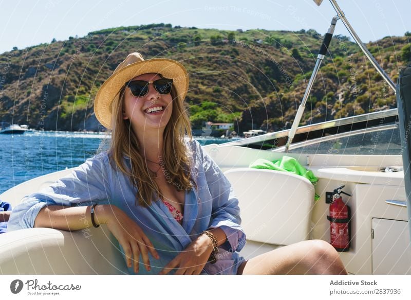 Stylish girl posing on yacht Woman Yacht Posture Summer Vacation & Travel Model Laughter Beautiful Self-confident Contentment Cruise Ocean Cheerful Feminine