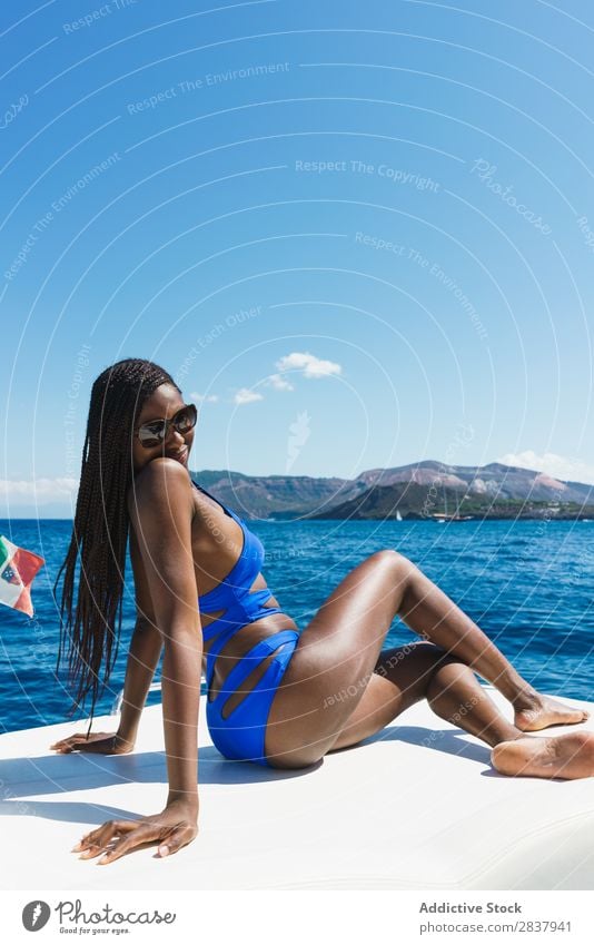 Stylish girl posing on yacht Woman Yacht Posture Summer Vacation & Travel Model Laughter Beautiful Self-confident Contentment Cruise Ocean Cheerful Feminine