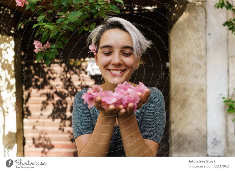 Woman blowing petals from hands Flower Street Blossom leave Blow Beautiful romantic Spring Girl Summer Floral Sunbeam Happy Pink Cute Clothing Fresh