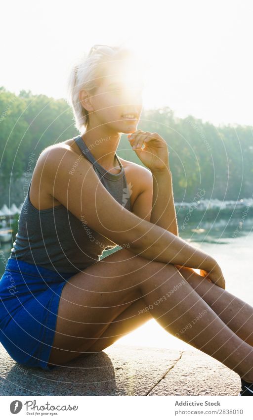 Stylish woman on fence of bridge Woman Posture Bridge Summer Town Style Youth (Young adults) romantic Vacation & Travel Relaxation Downtown Beauty Photography