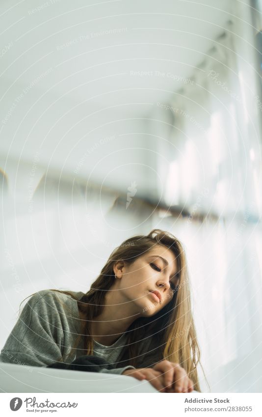 Beautiful woman in sweater cuddling in bed Woman To enjoy Sweater Bed Natural Cuddling Comfortable Sunlight Contentment Resting Peaceful Cozy Blonde Feminine