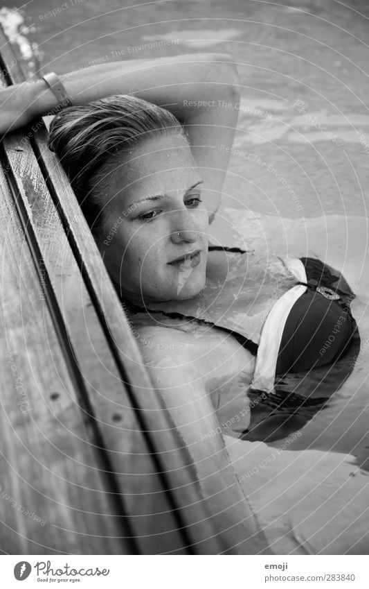 pool Feminine Young woman Youth (Young adults) 1 Human being Water Summer Beautiful Swimming pool Bikini Black & white photo Exterior shot Day