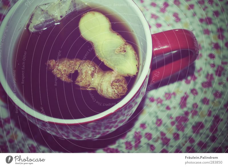 Ginger in a tea cup on a flowery background Breakfast To have a coffee Beverage Drinking Hot drink Tea To enjoy Healthy Brown Red Warmth Teabag Teatime Cup