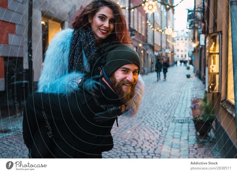 Man carrying woman on back Couple Street Happy City Carrying Human being Vacation & Travel Tourism Love Happiness Relationship Cheerful Youth (Young adults)