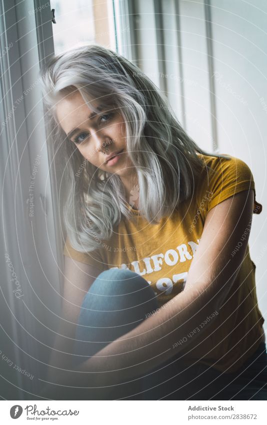 Thoughtful blonde woman at window Woman pretty Home Youth (Young adults) Blonde Window Sit Considerate Resting Beautiful Lifestyle Beauty Photography Attractive