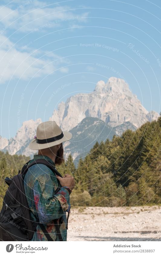 Handsome tourist in mountains Man Mountain Forest Autumn Backpack bearded handsome Hat Tourist Vacation & Travel Human being Landscape Nature Beautiful Colour