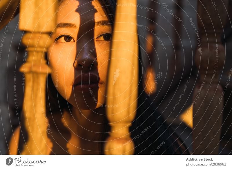 Thoughtful woman sitting on steps Woman pretty asian Youth (Young adults) Handrail Wood Steps Evening Sunset Sit Considerate Pensive Beautiful