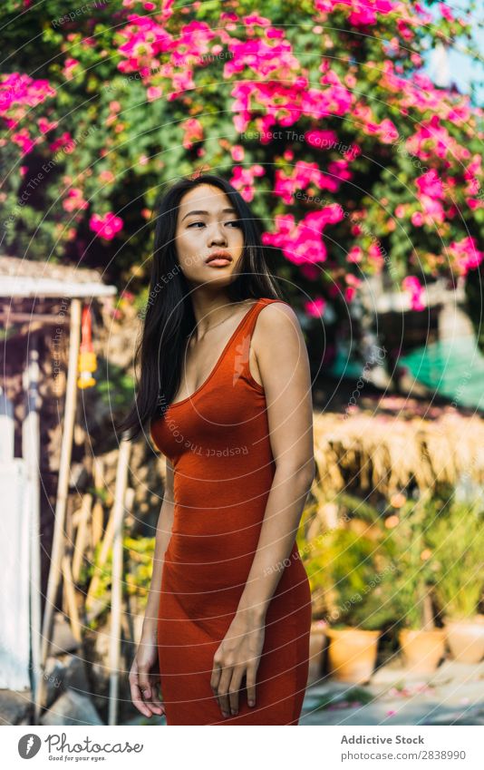 Cheerful woman posing on street Woman pretty asian Youth (Young adults) Happy Joy Street Green Town Beautiful Portrait photograph Attractive Beauty Photography