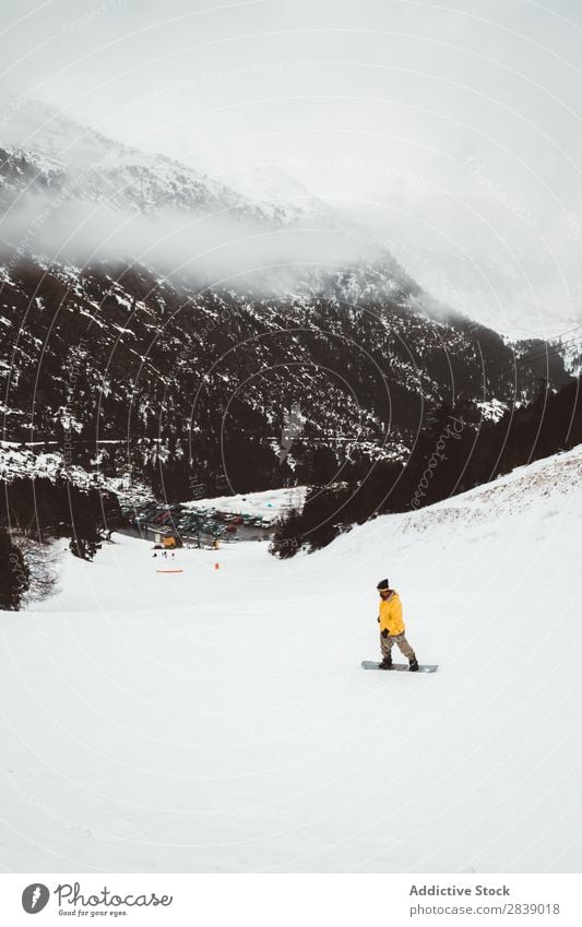 Tourist riding on snowboard Human being Snowboard Sports Winter Hill Mountain Landscape Nature White Ice Seasons Cold Vacation & Travel way Forest Frost Freeze