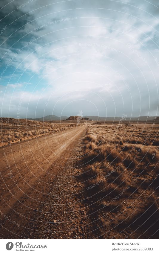 Dry road in cloudy day Street Nature Landscape Perspective Vacation & Travel Desert Landing Grass Sand Ground Environment Yellow Stone Wilderness Beautiful