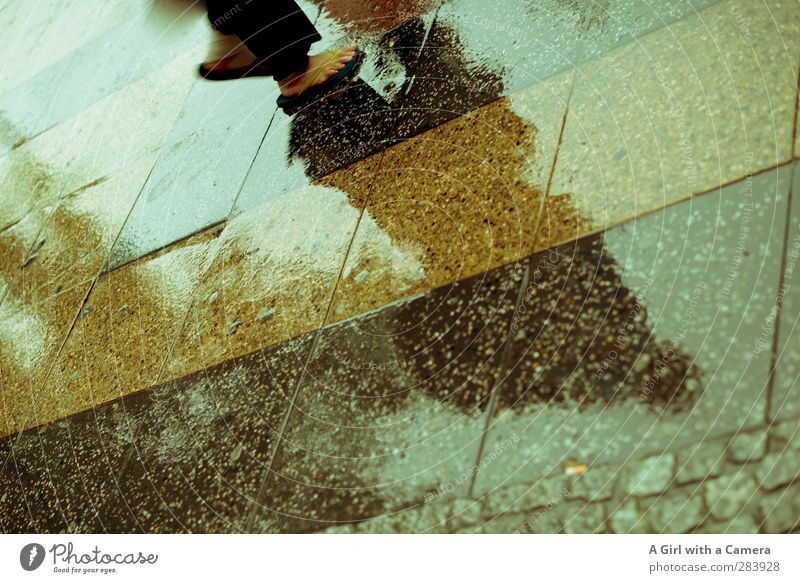 summer in berlin Body 2 Human being Footwear Wet Sidewalk Flip-flops Tile Subdued colour Exterior shot Detail Copy Space left Copy Space right Copy Space bottom