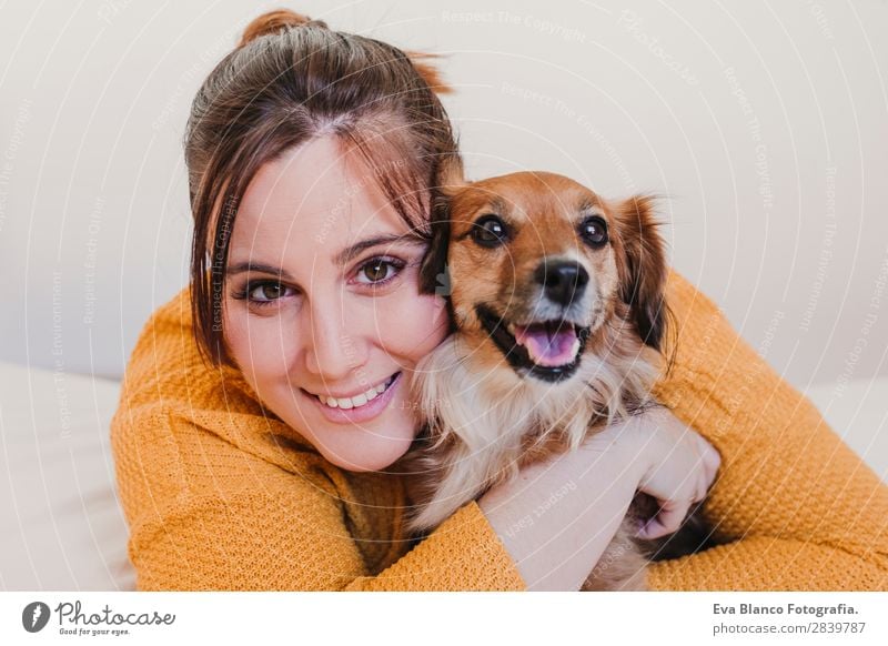 young woman and her cute dog on bed Lifestyle Joy Happy Beautiful Relaxation Bedroom Woman Adults Family & Relations Friendship Animal Pet Dog Kissing Laughter