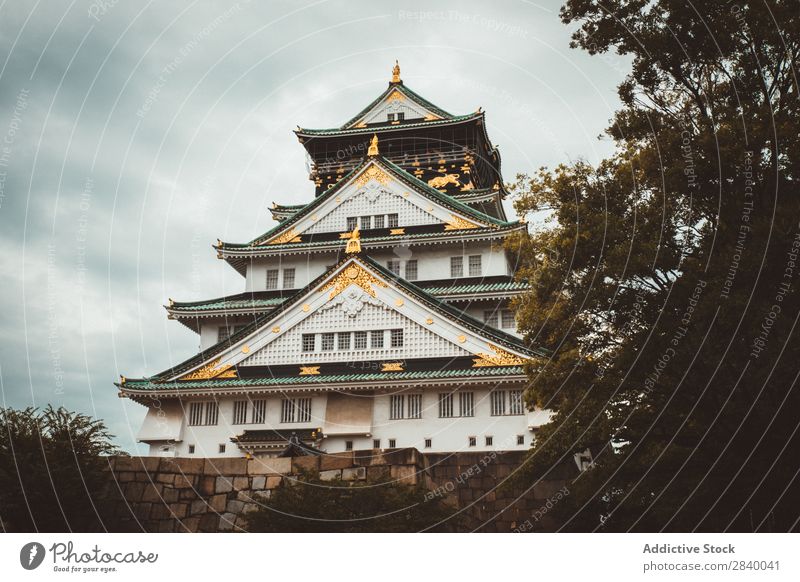 Oriental temple from below in clouds Temple Moody oriental Architecture Church service Ornamental tranquil Peace Buddhism Destination Religion and faith