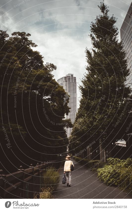 Woman on alley in city City Street Alley Tree Walking Town Building Sidewalk Park Vacation & Travel Light House (Residential Structure) Perspective Green