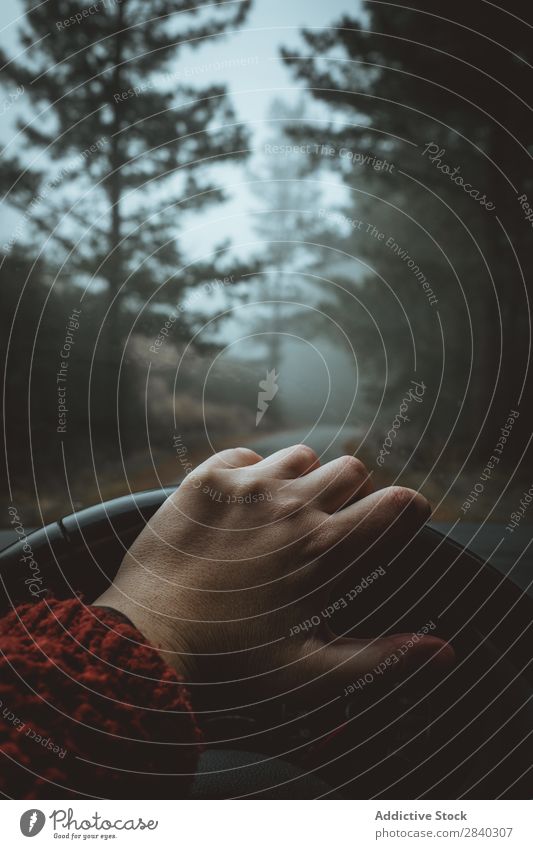 Hand holding a steering wheel while driving in a countryside road Car Fog Trip Street Steering Vacation & Travel 1 Transport Driver Vantage point Man Wheel