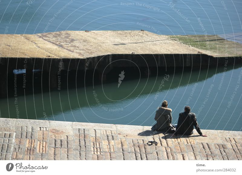 weekend Human being Couple Life 2 Water Beautiful weather Coast Port City Jetty Stone Observe Relaxation Sit Relationship Freedom Serene Idyll Break Moody