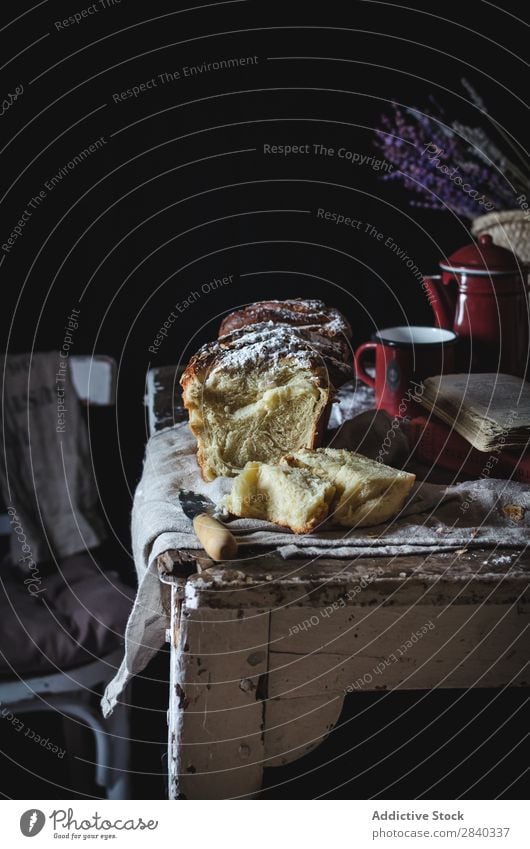 Sweet cake on rustic table Baked goods Rustic Delicious Cake Sugar Powder Dessert Food Fresh Tasty Home-made Gourmet Bakery Snack Breakfast Healthy Baking