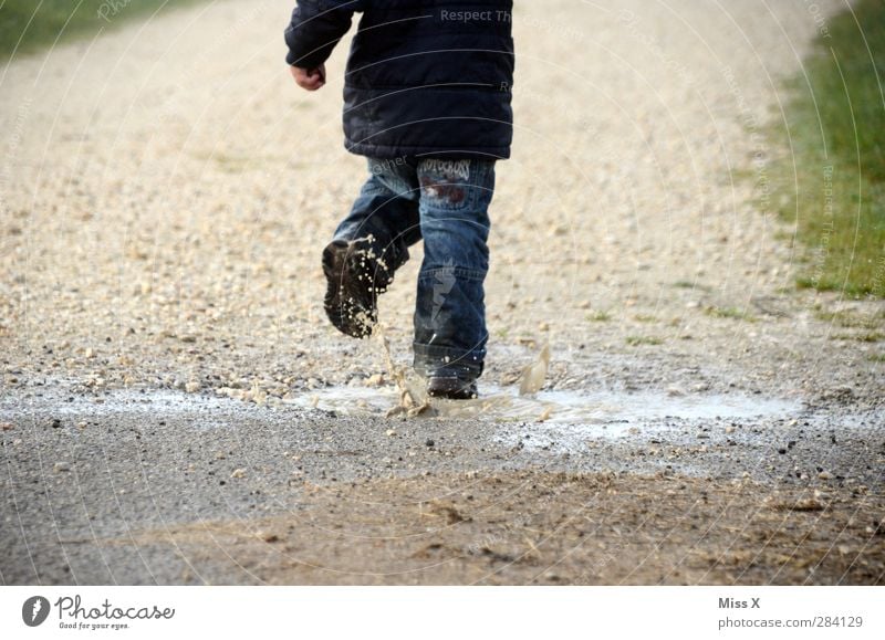 Wet Playing Child Toddler 1 Human being 1 - 3 years Water Drops of water Autumn Fog Rain Dirty Cold Puddle Running Hop Inject Colour photo Exterior shot