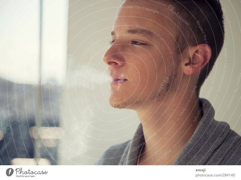 balcony Masculine Young man Youth (Young adults) 1 Human being 18 - 30 years Adults Facial hair Gray Smoking Smoke cloud Colour photo Subdued colour