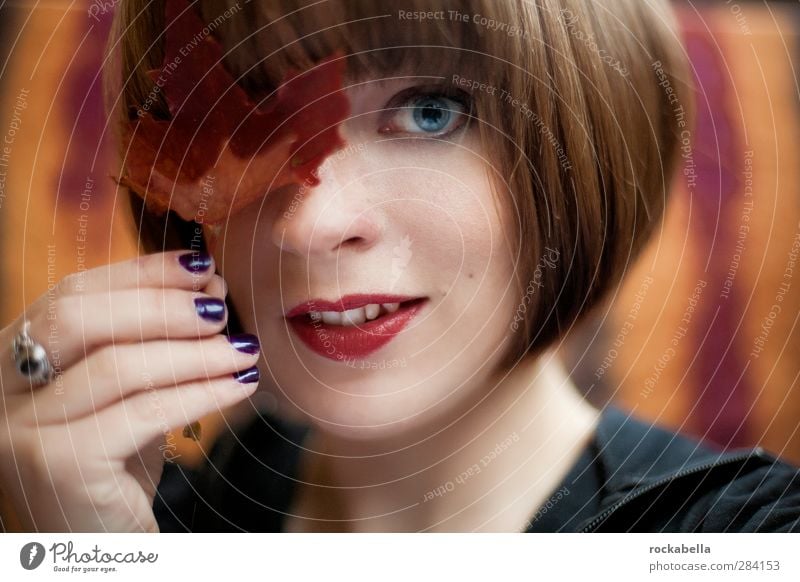 Woman with leaf Feminine Young woman Youth (Young adults) 1 Human being 18 - 30 years Adults Brunette Short-haired Smiling Esthetic pretty Uniqueness