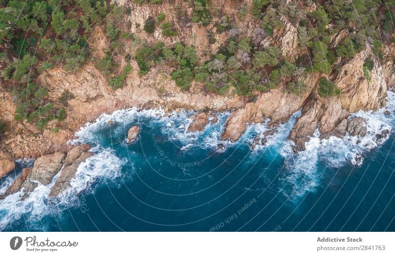 Aerial views of a coastline with waves and rocks Aircraft Background picture Beach Beautiful Blue brava Catalonia Cliff Coast Ribs de Destination girona