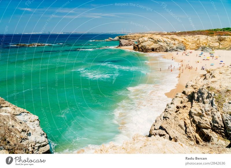 Tourists Having Fun In Water, Relaxing And Sunbathing At Beach In Portugal seascape Beautiful Rock Ocean Lagos Human being Relaxation Vacation & Travel crowd