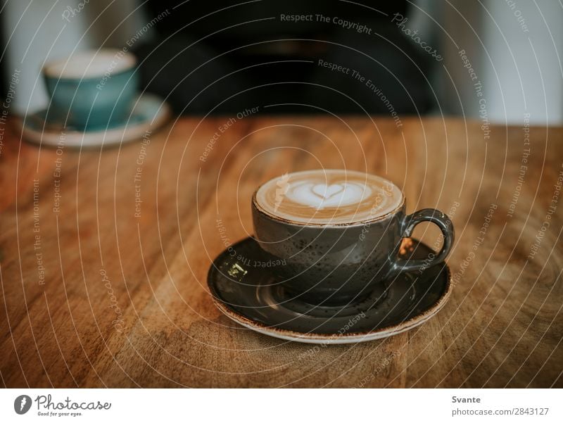 Coffee cup on wooden table Beverage Hot drink Latte macchiato Espresso Cup Mug Lifestyle Elegant Style Joy Café Drinking Heart Latte art Together Colour photo