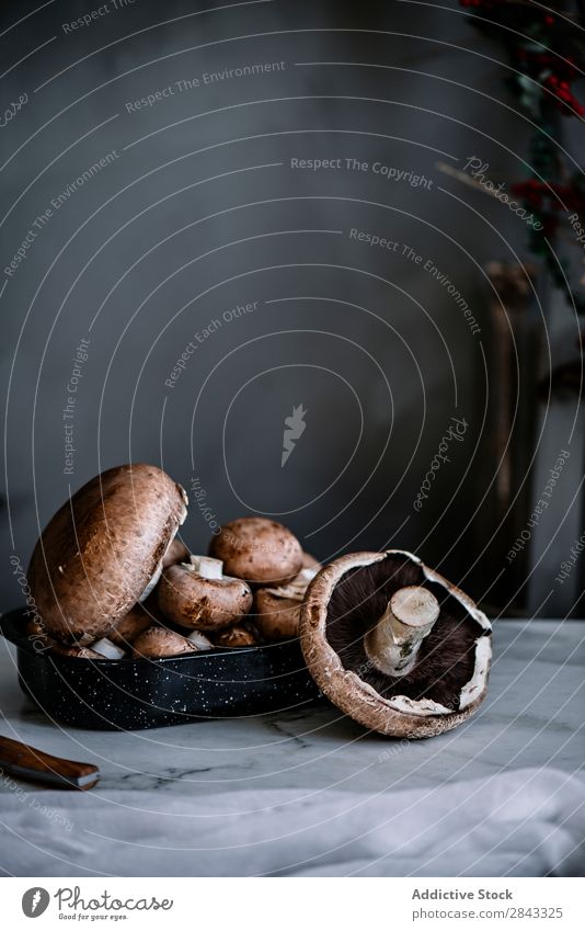 Beautiful mushrooms on table Mushroom Fresh Table Food Vegetable Vegetarian diet Kitchen Brown Organic Healthy Ingredients Natural Edible Nutrition Nature Raw