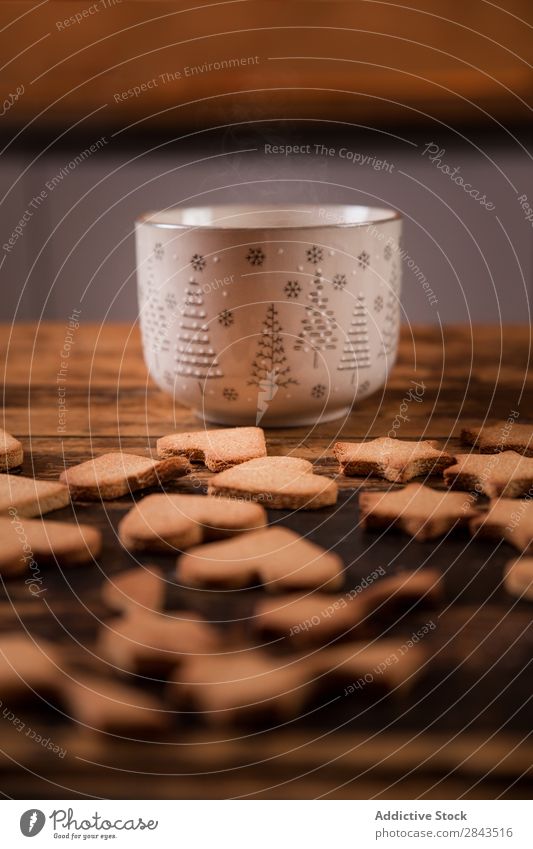 christmas cookies and cup of coffee on wooden table Christmas & Advent Winter Food Brown Sweet Tradition Dessert Home-made Cooking Delicious Mold Wood Table