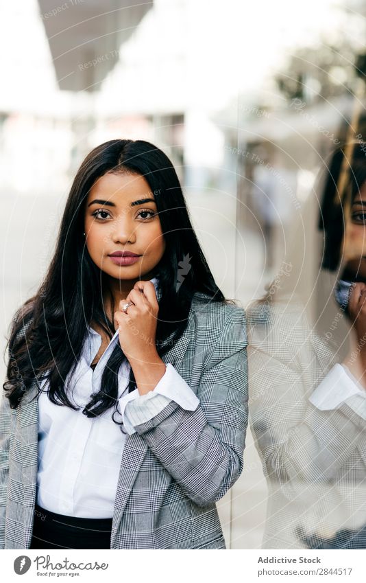 Woman posing near shop Style Happy Walking Shopping Beautiful Youth (Young adults) pretty Smiling Lifestyle Self-confident Businesswoman Attractive Human being