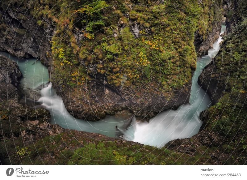 28 meters lower Landscape Autumn Tree Grass Moss Forest Rock Mountain Canyon Brook River Dark Gigantic Blue Brown Green clammy Perspective Rapid Colour photo