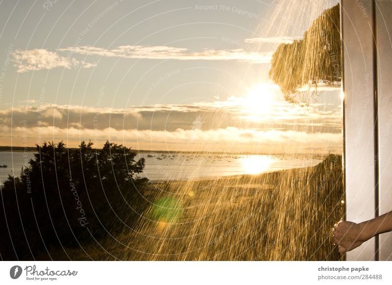 Shower with view Wellness Swimming & Bathing Vacation & Travel Freedom Summer Summer vacation Sun Beach Ocean Sunrise Sunset Beautiful weather Bay Water