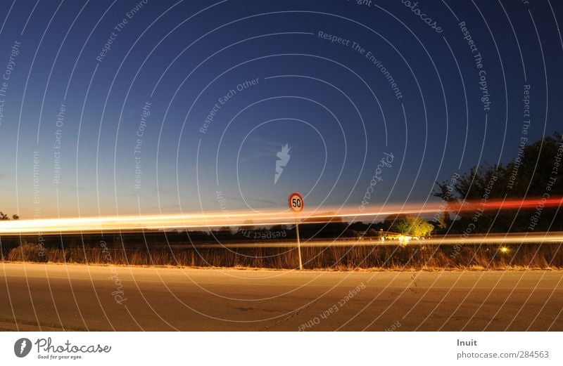 speed limit Motoring Street Road sign Car Digits and numbers Movement Driving Speed Blue Yellow Red Freedom Far-off places Sky Colour photo Exterior shot