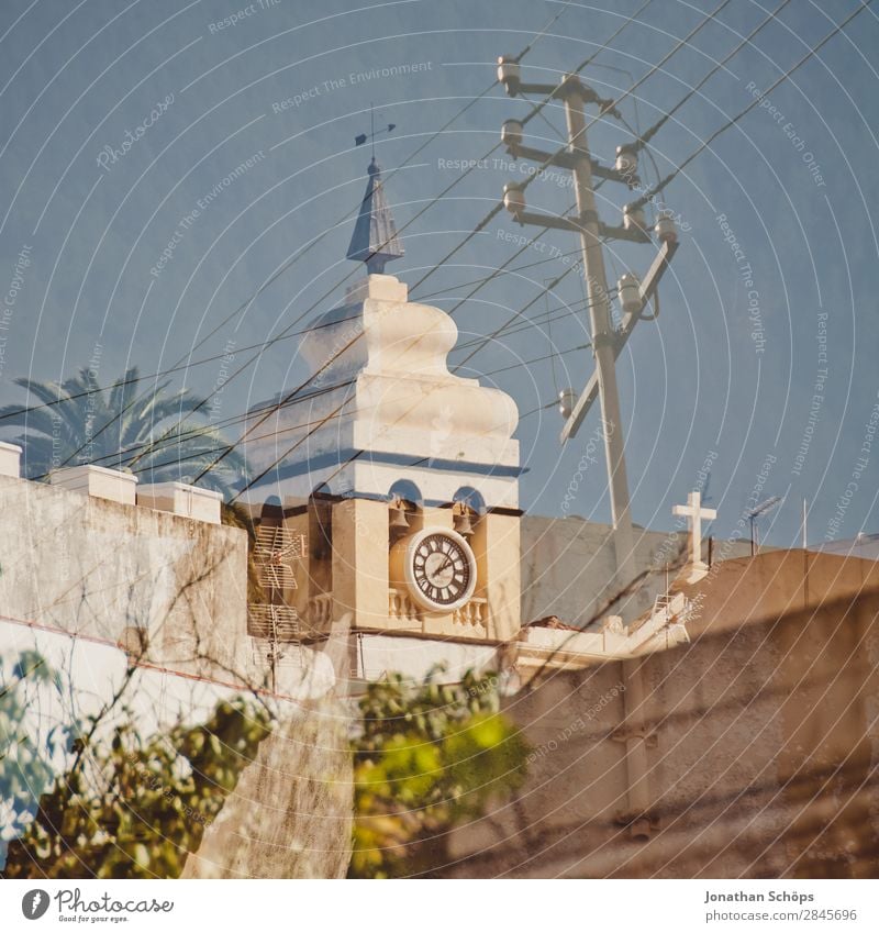 Multiple exposure church tower and power line, Tenerife Vacation & Travel Tourism House (Residential Structure) Town Old town Architecture Facade Balcony Window