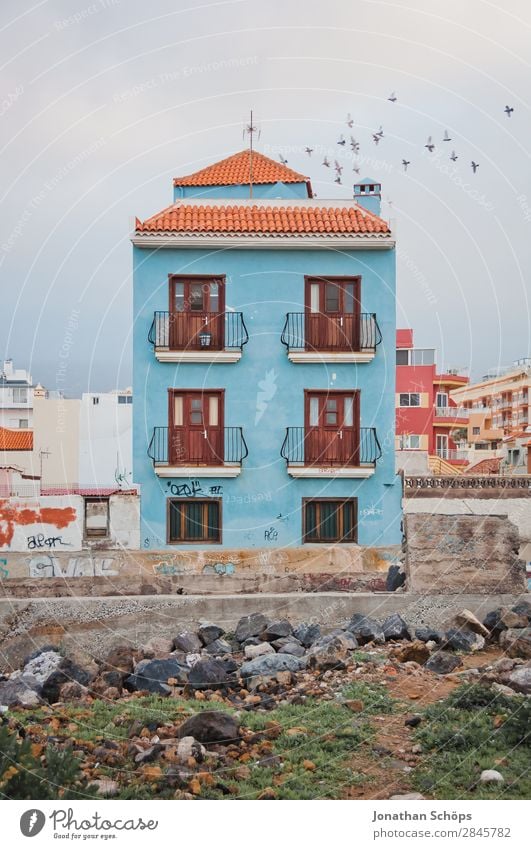 Blue house facade in Puerto de la Cruz, Tenerife Deserted Small Town Downtown Outskirts Old town Populated House (Residential Structure) Detached house Facade