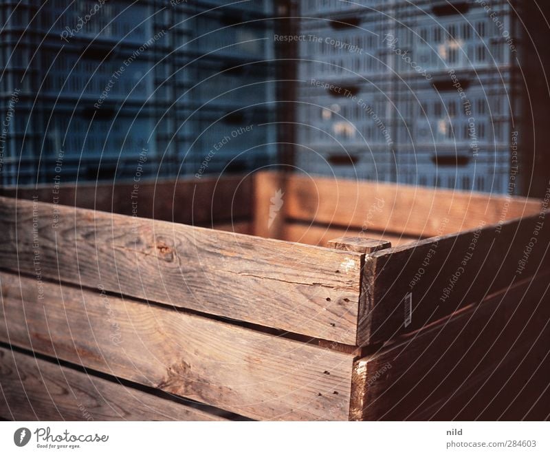 WOODEN BOX Crate Wood Plastic Sharp-edged Blue Brown Wooden box Box Stack Plastic box Keep Wooden board Converse Colour photo Exterior shot Close-up