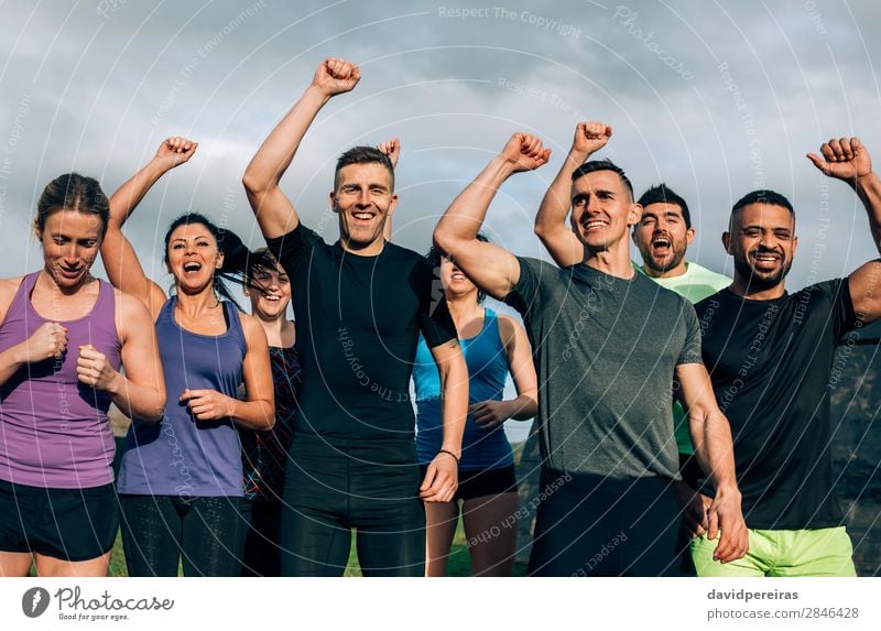 Group ready to start obstacle course Lifestyle Happy Sports Human being Woman Adults Man Fitness Smiling Authentic Strong Black Beginning Effort Competition