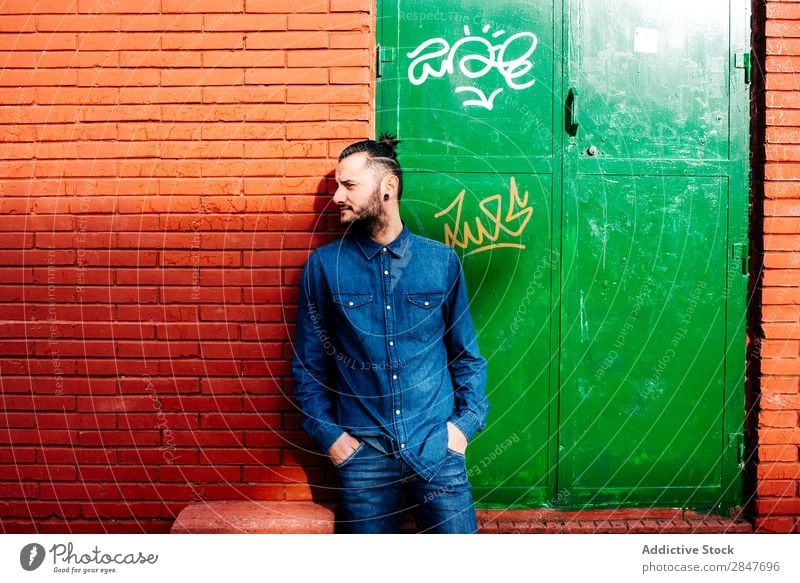 Stylish man posing on street Man Hipster Uniqueness Modern Tattoo Grunge Model Tattooed Town Hip & trendy millennial Lean Summer Stand Denim Shirt Style City