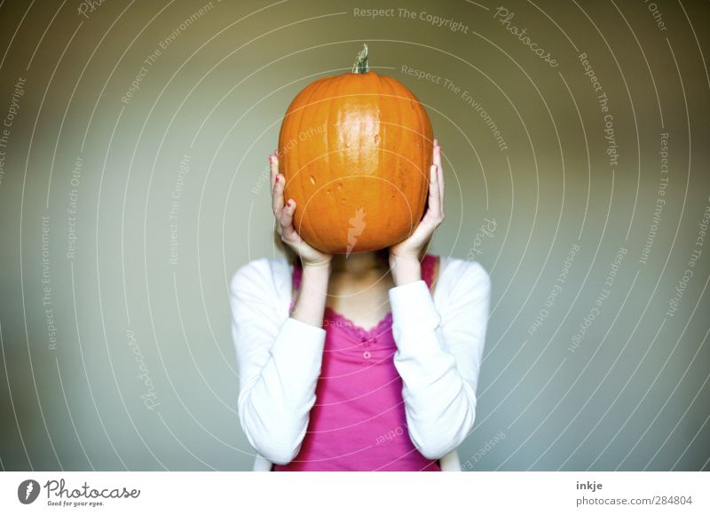 pumpkin head Food Vegetable Nutrition Girl Infancy Youth (Young adults) Life Body 1 Human being 13 - 18 years Child Orange Pumpkin Pumpkin time Hallowe'en