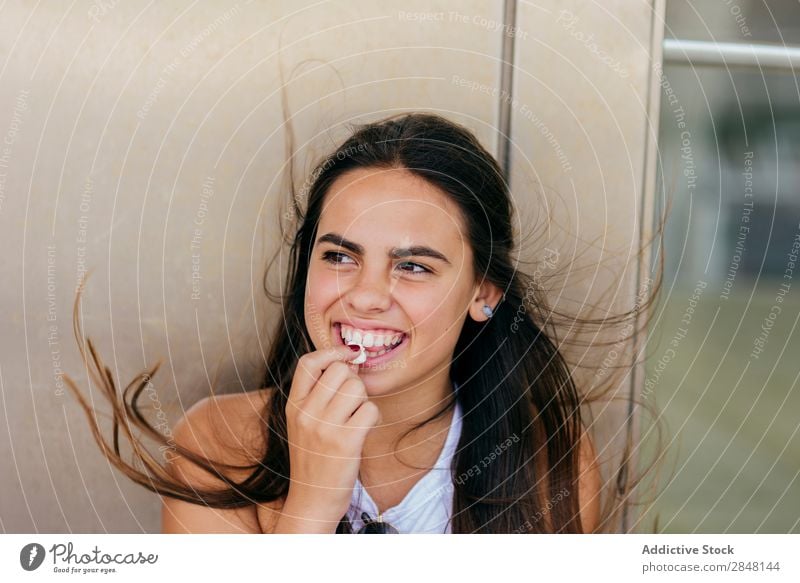 Cheerful girl posing with popcorn Woman youngster Popcorn Smiling Town Hipster Style Clothing Portrait photograph Posture Snack Independence City