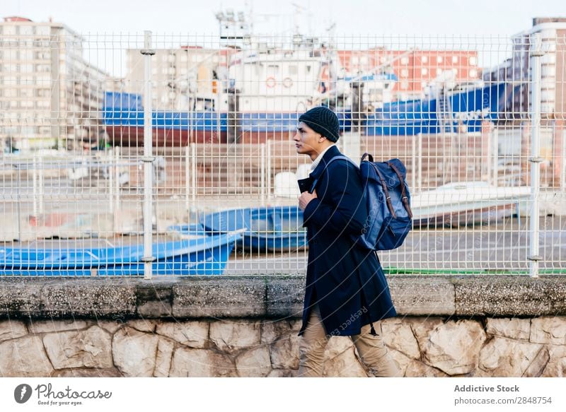 Handsome man walking in harbor Man Harbour Port Walking Style Self-confident Town Corridor Tourist traveler Sailor Fashion Human being handsome