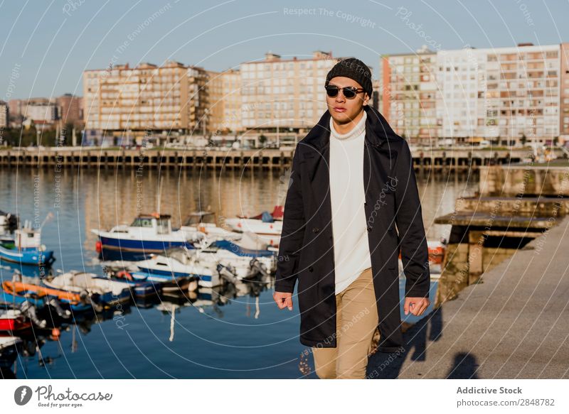 Handsome man on pier Man Harbour Port Style Self-confident Town Tourist traveler Sailor Fashion Human being handsome Portrait photograph Adults Tourism