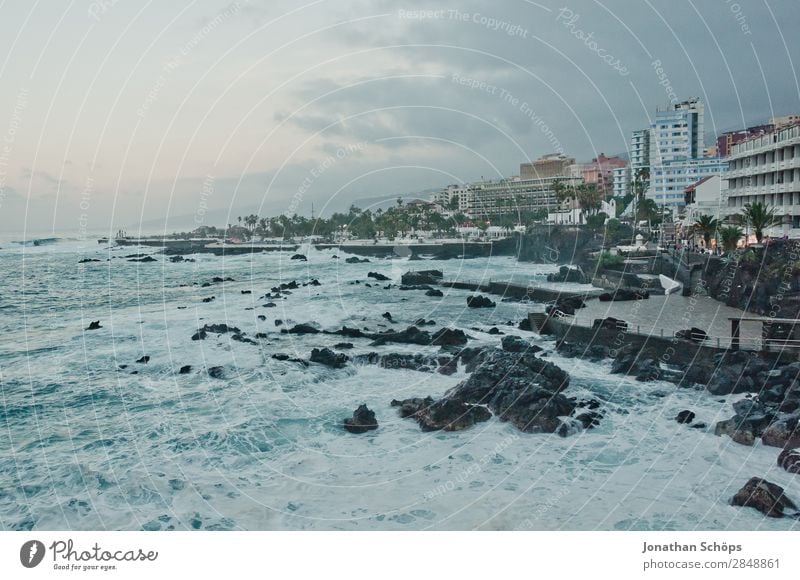 Coast in Puerto de la Cruz, Tenerife Nature Town Port City Esthetic Canaries Spain Atlantic Ocean Waves Beach Blue Twilight Skyline Rock Sea promenade Gale Wind