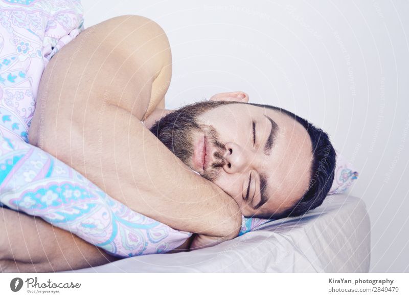 Closeup of sleeping bearded man face in bed. Concept of male health and insomnia problem Lifestyle Happy Body Face Health care Relaxation Bedroom Masculine