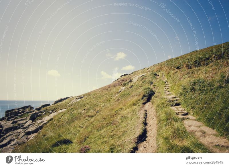 the only way is up Environment Nature Landscape Elements Earth Water Sky Clouds Horizon Summer Beautiful weather Plant Grass Meadow Hill Rock Coast Ocean Hiking