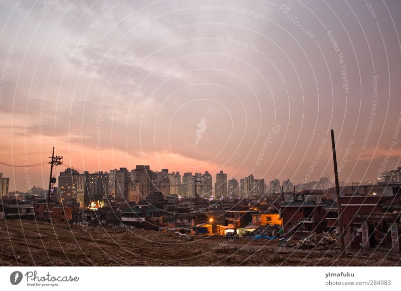 Sunset in Seoul South Korea Asia Town Capital city Old town Deserted High-rise Building Trashy Violet Orange Pink Colour photo Subdued colour Exterior shot